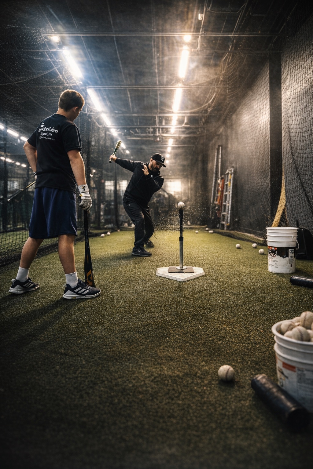 Coach Steve demonstrating swing mechanics in the cage during a private hitting lesson